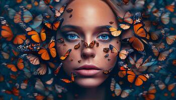 Woman's face sticking out in the middle of a full group of butterflies. . photo