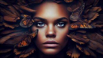 Woman's face sticking out in the middle of a full group of butterflies. . photo