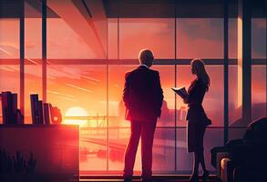 A business executive couple by a large window in the office at sunset taking a break from work. . photo