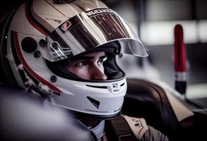 f1 conductor dentro su coche con el casco y el competencia traje preparado para el carrera. ai generado. foto