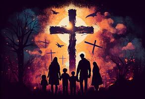 Easter concept. Parents and children worship on the cross background. . photo