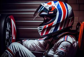 F1 driver inside his car with the helmet and the competition suit prepared for the race. . photo