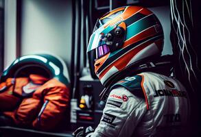 f1 conductor dentro su coche con el casco y el competencia traje preparado para el carrera. ai generado. foto