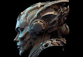 Futuristic robot or cyborg head in profile. Isolated on black background. . photo