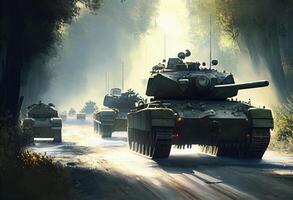 A tank convoy on a spring road. . photo