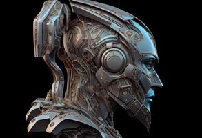 Futuristic robot or cyborg head in profile. Isolated on black background. . photo