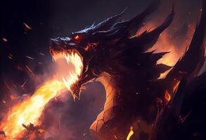 Fire breathes explode from a giant dragon in a black night, the epic battle evil concept. . photo