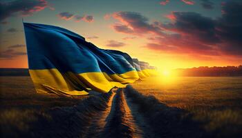 campo de ucranio banderas a puesta de sol. ai generado. foto
