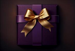 regalo caja oscuro Violeta con oro cinta arco en arriba, oscuro texturizado antecedentes. ai generado. foto