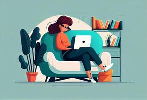 Girl with laptop sitting on the chair. Freelance or studying concept. . photo