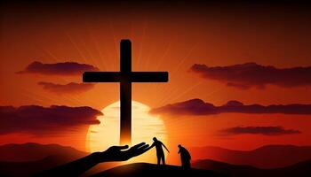 God's helping hand and cross on sunset background. . photo