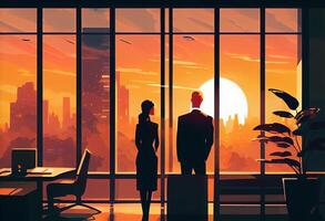 A business executive couple by a large window in the office at sunset taking a break from work. . photo