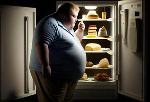 hambriento obeso hombre mirando a comida en el refrigerador a hogar a noche. ai generado. foto