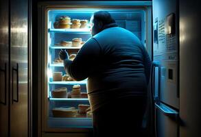 hungry obese man looking at food in the fridge at home at night. . photo