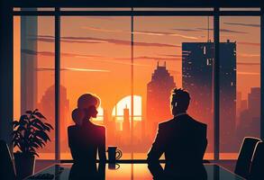 A business executive couple by a large window in the office at sunset taking a break from work. . photo