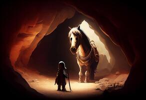 Horse monster looking at little hero with sword in the cave.. . photo