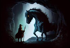 Horse monster looking at little hero with sword in the cave.. . photo