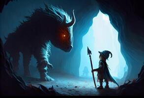 caballo monstruo mirando a pequeño héroe con espada en el cueva.. ai generado. foto