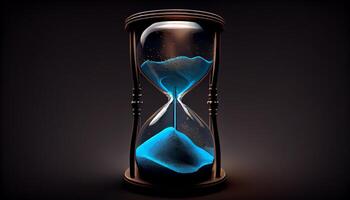 Hourglass with Glowing Sand on blue. . photo