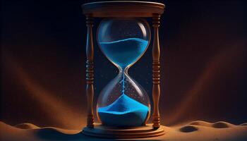 Hourglass with Glowing Sand on blue. . photo