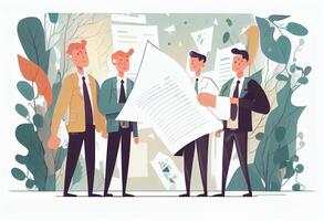 illustration cartoon businessman holding papers hands and smiling. . photo