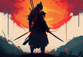 illustration painting A samurai with a katana stands ready to fight against a huge army.. . photo