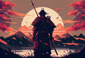 ilustración pintura un samurai con un katana soportes Listo a lucha en contra un enorme ejército.. ai generado. foto