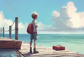 boy looking and waiting the boat in the sea against sky. . photo