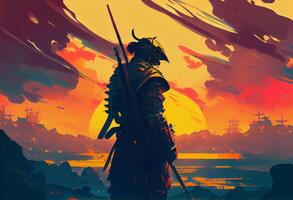 illustration painting A samurai with a katana stands ready to fight against a huge army.. . photo