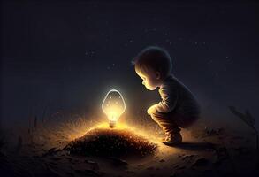 boy looking the big bulb half buried in the ground against night sky with stars. . photo