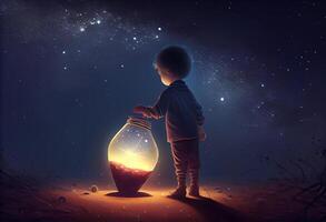 boy looking the big bulb half buried in the ground against night sky with stars. . photo