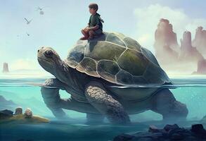 Boy Sitting on giant tortoise in the ocean, digital painting, ultra realistic. . photo