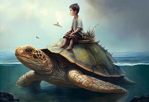 Boy Sitting on giant tortoise in the ocean, digital painting, ultra realistic. . photo