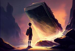 chico en pie en un rock y abrió gigante libro con fantasía luz, digital Arte estilo. ai generado. foto