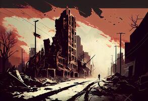 illustration painting of destroyed Abandoned City, Zombie Apocalypse. . photo