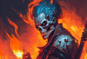 illustration painting of horror character of demon skeleton. . photo