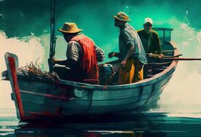illustration painting of fishermen with fishing rod on boat. . photo