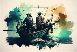 illustration painting of fishermen with fishing rod on boat. . photo