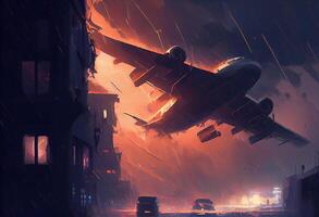 ilustración pintura de aviones volador en el tormenta . ai generado. foto