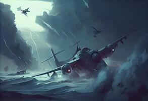 illustration painting of planes flying in the storm . . photo