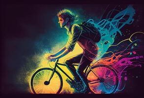 illustration painting of young man riding a bicycle with a colorful energy, digital art style. . photo