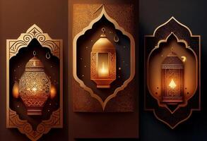 islámico saludo eid Mubarak tarjetas para musulmán día festivo. ai generado. foto