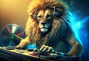 Lion DJ in action. Anthropomorphic animal having fun at the trendy club night party . . photo