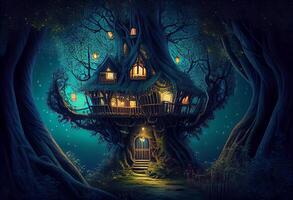 mágico fantasía hada cuento paisaje de árbol casa a noche en un bosque. ai generado. foto