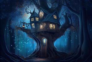 magical fantasy fairy tale scenery of tree house at night in a forest. . photo