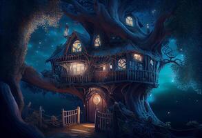 mágico fantasía hada cuento paisaje de árbol casa a noche en un bosque. ai generado. foto