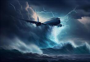 Passenger plane flies in a storm over the ocean. . photo