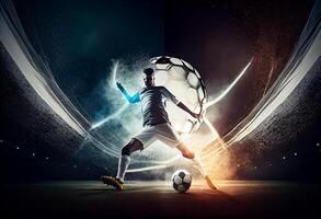 Professional football or soccer player in action on stadium. . photo