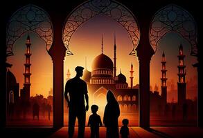 Ramadan Kareem greeting. Family looking at mosque. . photo