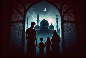 Ramadan Kareem greeting. Family looking at mosque. . photo